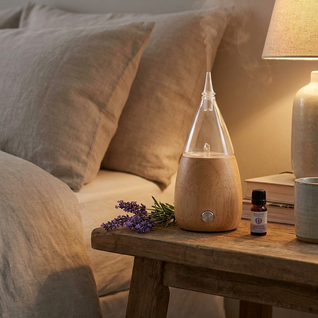 Wood grain essential oil diffuser lifestyle
